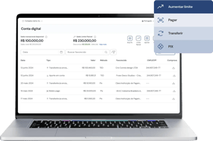 Interface da conta digital mostrando saldo disponível, saldo limite flexível, histórico de transações e opções de ação como pagar, transferir e PIX em um notebook.