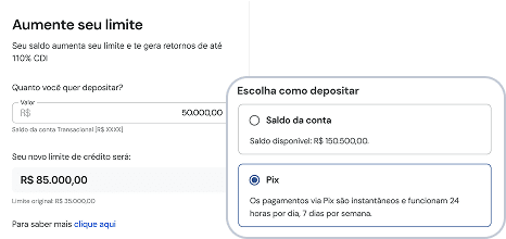 Interface de depósito exibindo campos para escolher valor e método de transferência para o Limite Flexível, como saldo da conta ou Pix.