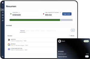 Panel de control financiero Clara mostrando saldo disponible, pago requerido y gastos recientes con tarjeta corporativa Black.