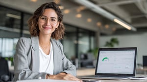 Pessoa profissional em escritório moderno sorrindo ao ver painel de controle financeiro da Clara com ícone de aprovação e fluxo de despesas organizado